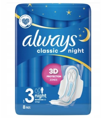 Always Classic Night, podpaski higieniczne ze skrzydełkami, 8 sztuk