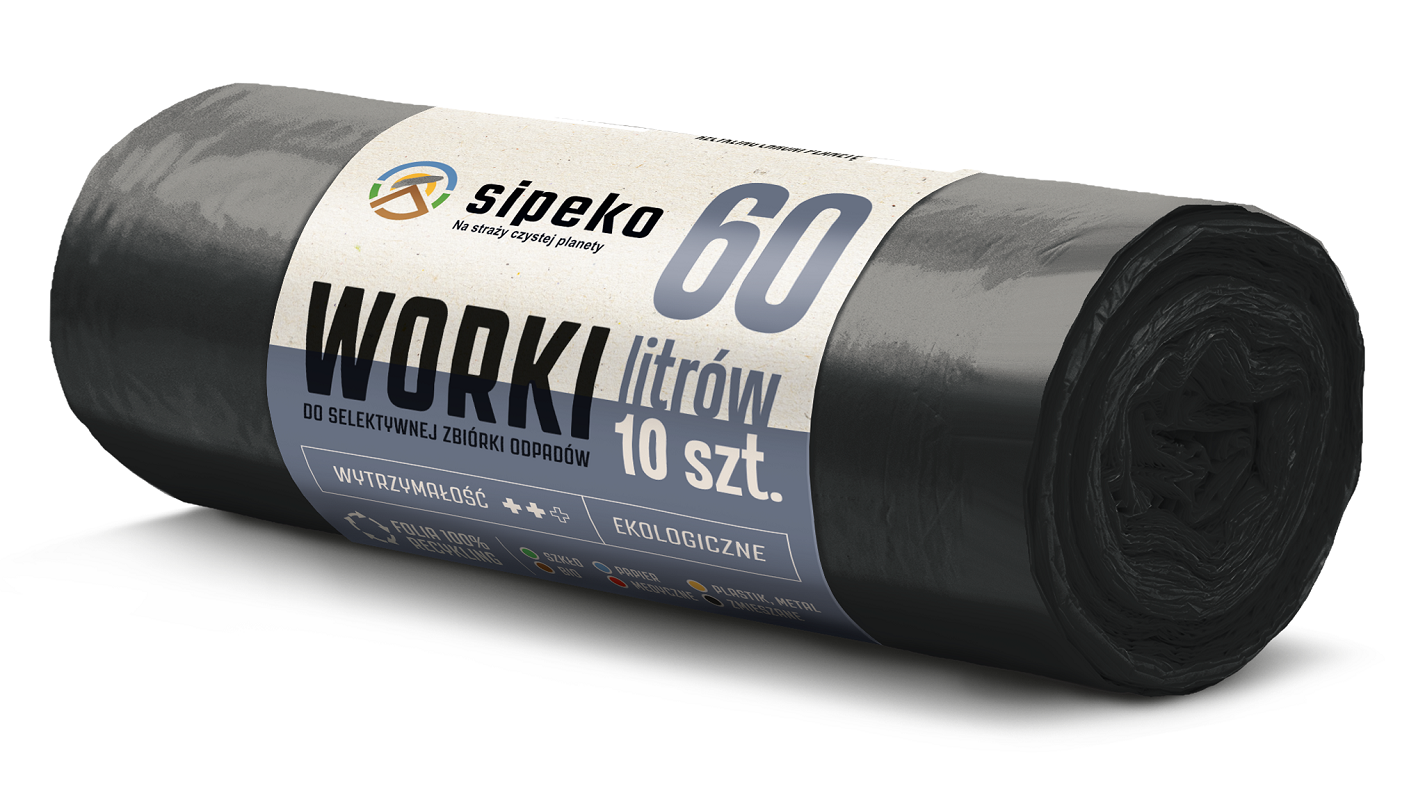 Sipeko worki na śmieci folia LDPE czarne 20mic / 60x72cm / 60 litrów / 10 sztuk
