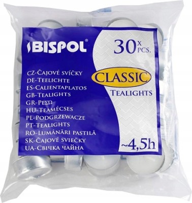 Bispol Aura Classic Tealights p15-30 podgrzewacze bezzapachowe 4h palenia 30 sztuk