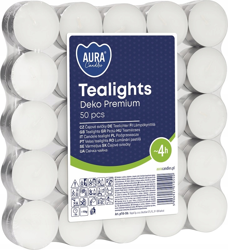 Bispol Aura Deco Premium Tealights pf10-50s podgrzewacze bezzapachowe 4h palenia 50 sztuk