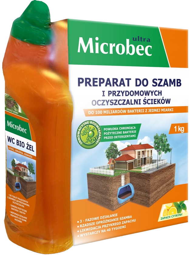 Bros Microbec Ultra Cytryna 1kg preparat do przydomowych oczyszczalni ścieków i szamb + WC Bio żel 500ml