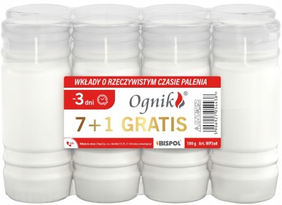 Bispol Ognik WP3 wkłady parafinowe do zniczy o czasie palenia 3 dni 8 sztuk