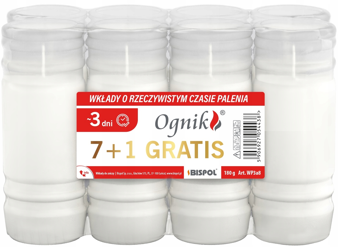 Bispol Ognik WP3 wkłady parafinowe do zniczy o czasie palenia 3 dni 8 sztuk