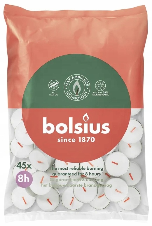 Bolsius podgrzewacze bezzapachowe białe 8 godzinne worek foliowy 45 sztuk