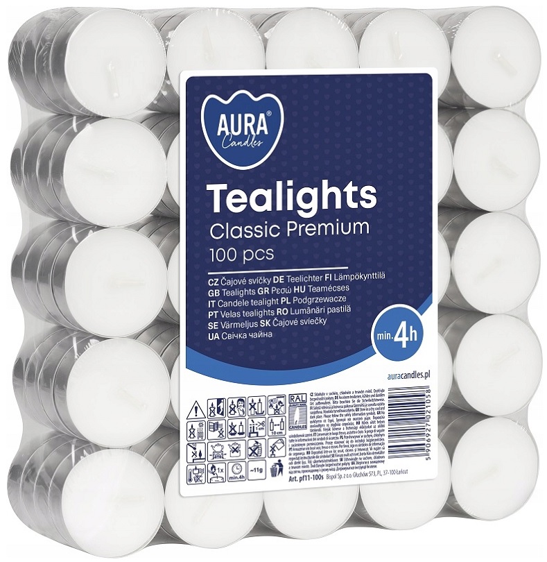 Bispol Aura Classic Premium Tealights pf11-100s podgrzewacze bezzapachowe 4h palenia 100 sztuk