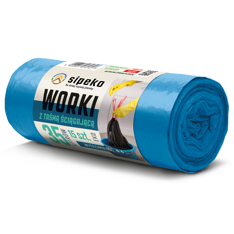 Sipeko worki na śmieci z taśmą ściągającą niebieskie 25mic / 50x60cm / 35 litrów / 15 sztuk