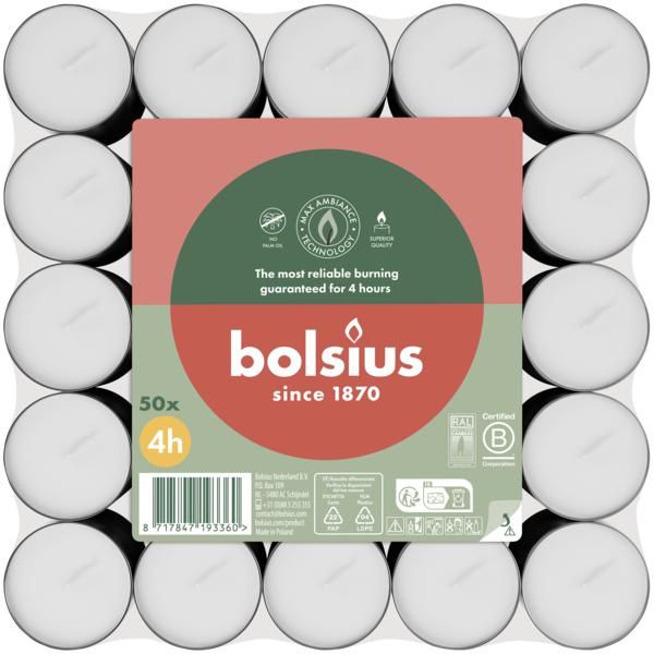 Bolsius podgrzewacze bezzapachowe białe 4 godzinne w stosie 50 sztuk