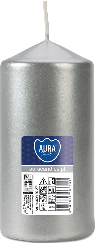 Bispol Aura sw60/120-271 Srebrny Metalik świeca walec 6x12cm - 38 godzin