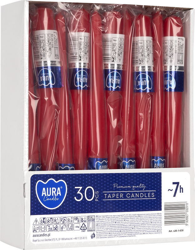 Bispol Aura s30-1-030 CZERWONA świeca stołowa stożek - 30 sztuk