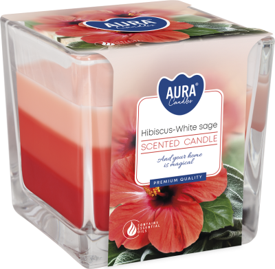 Bispol Aura snk80-356 HIBISKUS i BIAŁA SZAŁWIA trójkolorowa świeca zapachowa w szkle - 32H